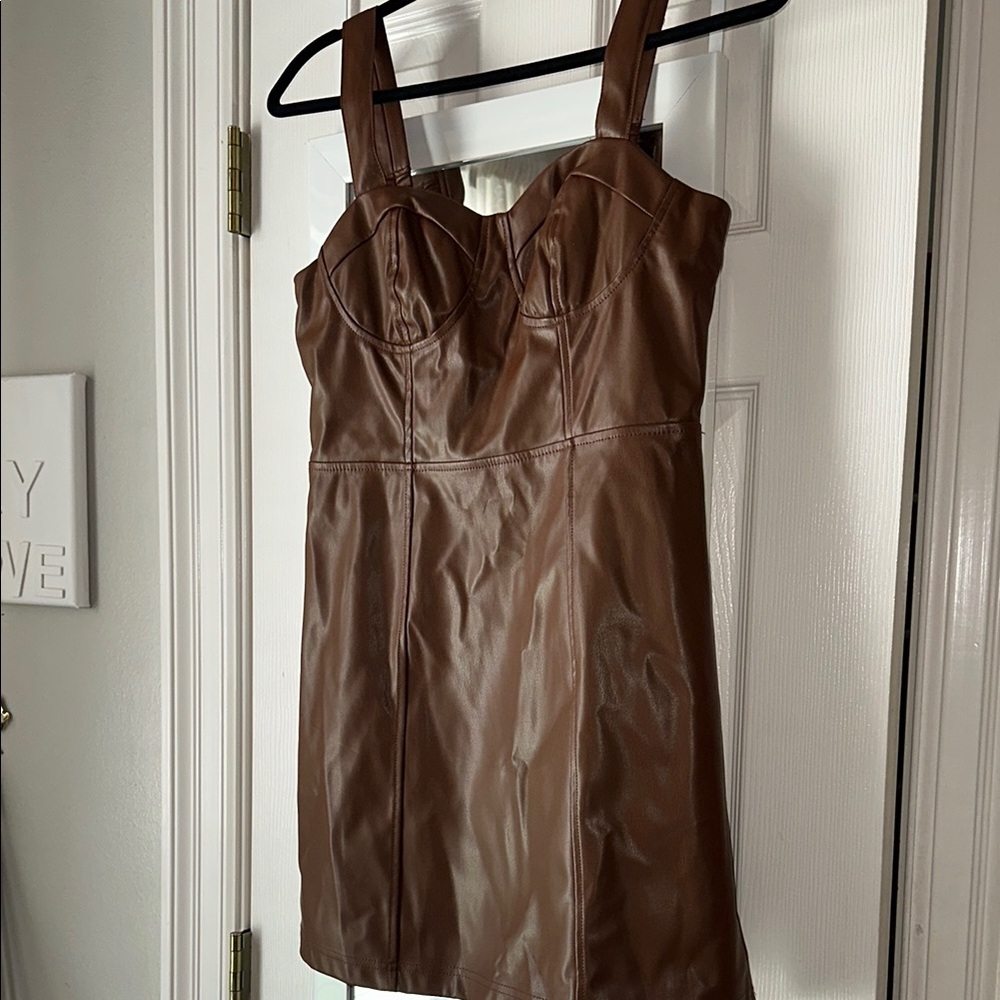 Brown Faux Leather Mini Dress